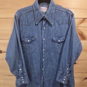 Vintage 1970s Wrangler Denim Pearl Snap Western Shirt Men’s 16.5 USA Cowboy